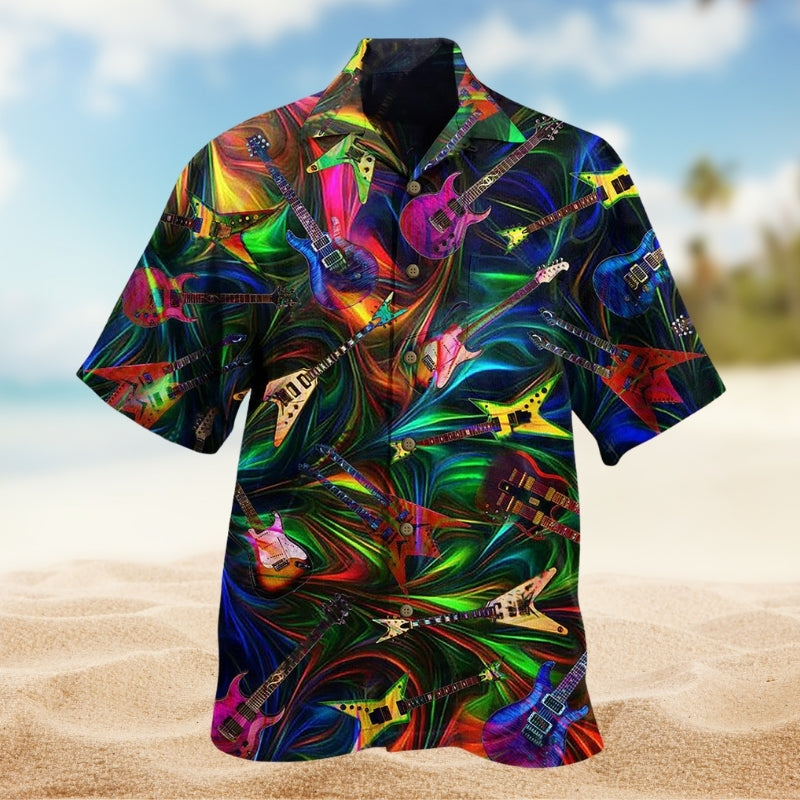 Music Guitar Detailed Graphic Hawaiian Shirt For Beach Days, Summer Outings, And Thoughtful Gift Giving