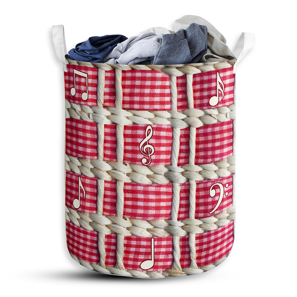 Music Embroidery Rattan Pink Laundry Basket For Bathroom Bedroom Storage