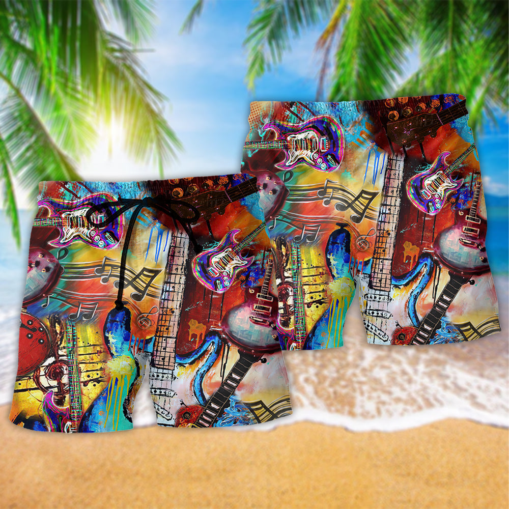 Music Guitar Beach Shorts Pattern Detail For Casual Outings And Bright Seasonal Outfits
