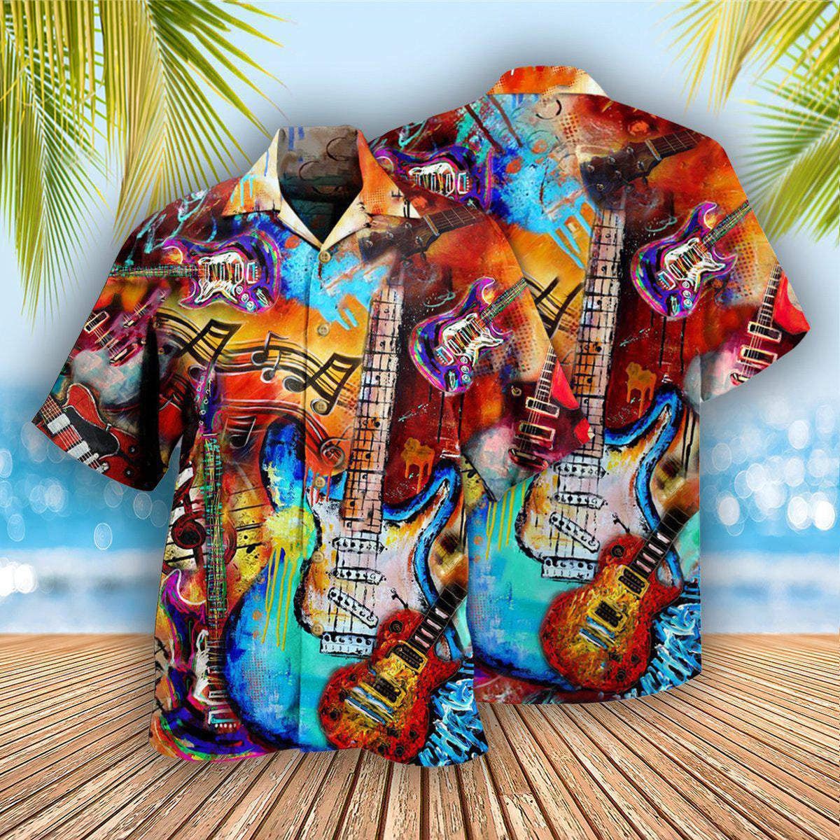Guitar Hawaiian Shirt With All Over Print For Tropical Getaways Outdoor Fun And Everyday Wear