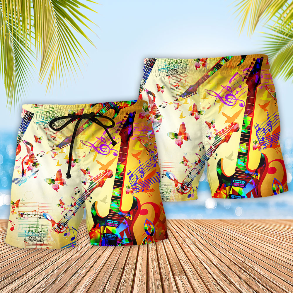 Guitar Butterfly Music Beach Shorts Pattern Detail For Leisure Travel And Vacation Ready Style