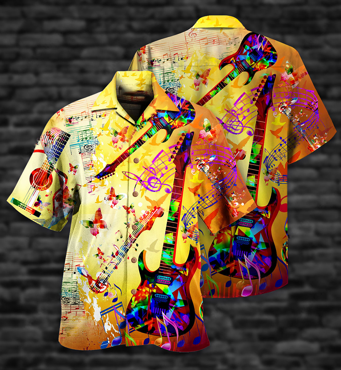 Guitar And Butterfly Hawaiian Shirt With All Over Print For Tropical Escapes Resort Wear And Outdoor Celebrations