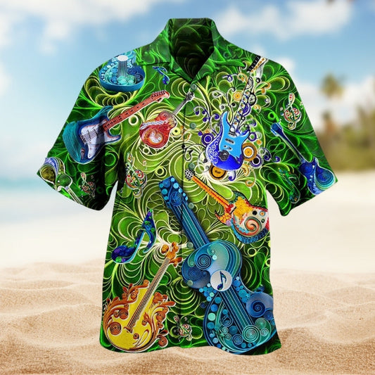 Music Guitar Hawaiian Shirt For Island Vacations, Resort Wear, And Relaxed Seasonal Style