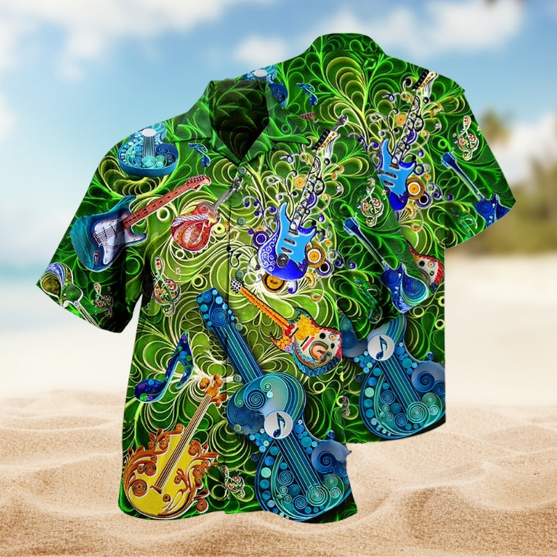 Music Guitar Hawaiian Shirt For Island Vacations, Resort Wear, And Relaxed Seasonal Style