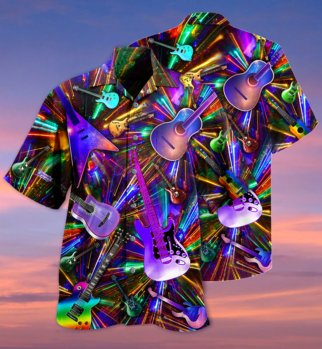 Neon Guitar Hawaiian Shirt With All Over Print For Resort Travel Summer Outings And Casual Gatherings