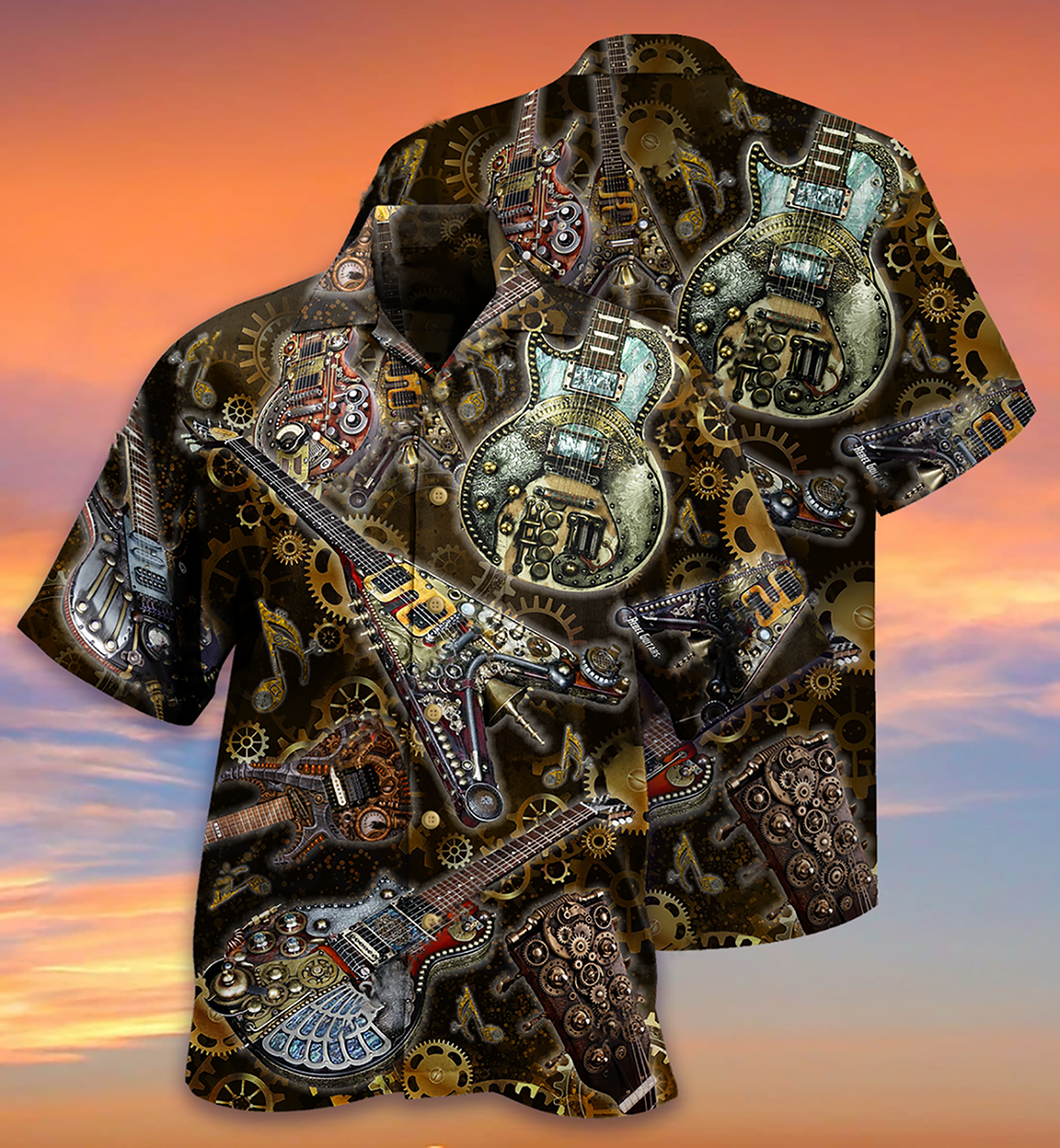 Guitar Hawaiian Shirt With All Over Print For Resort Holidays Beach Travel And Relaxed Casual Fashion
