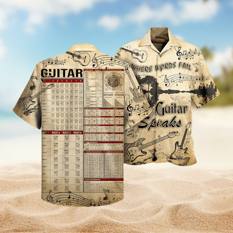 Music Guitar Hawaiian Shirt For Summer Vacation, Beach Travel, And Casual Wear