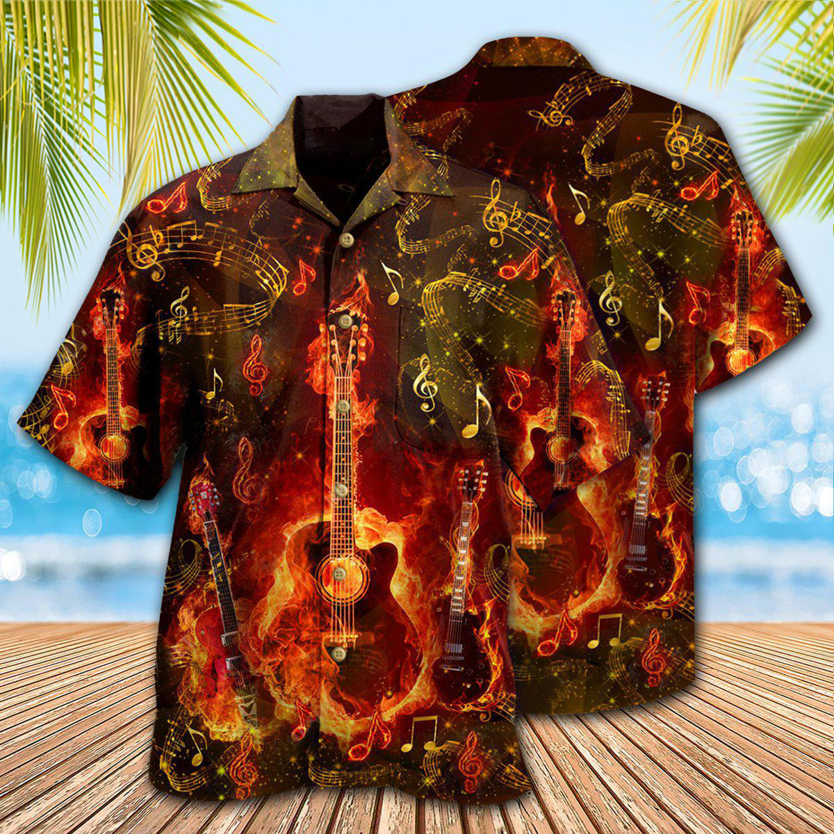 Flame Guitar Hawaiian Shirt With All Over Print For Coastal Adventures Summer Events And Everyday Comfort