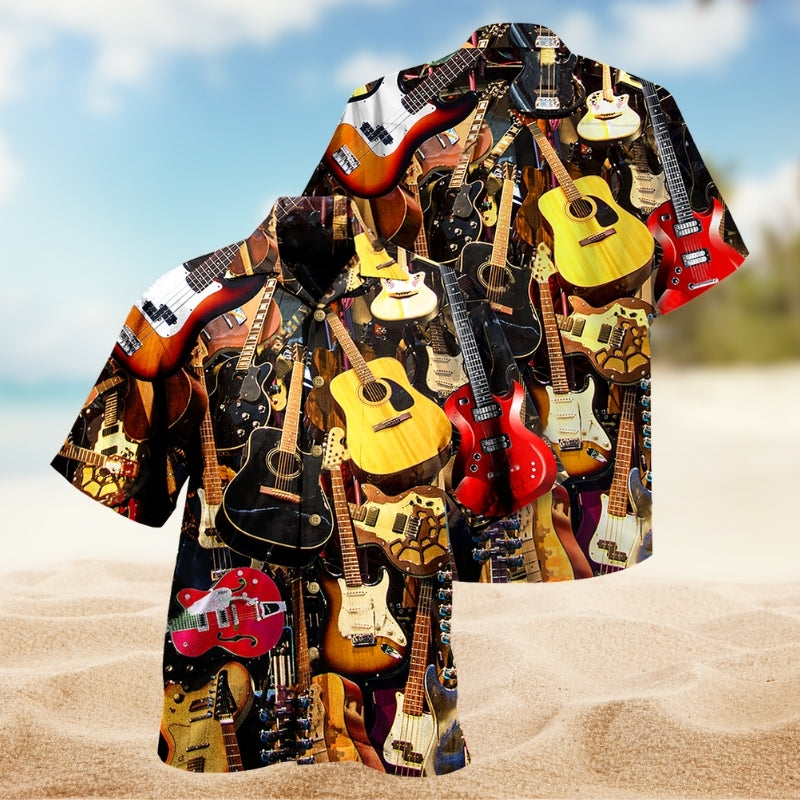 Music Guitar Detailed Graphic Hawaiian Shirt For Island Vacations, Resort Wear, And Relaxed Seasonal Style