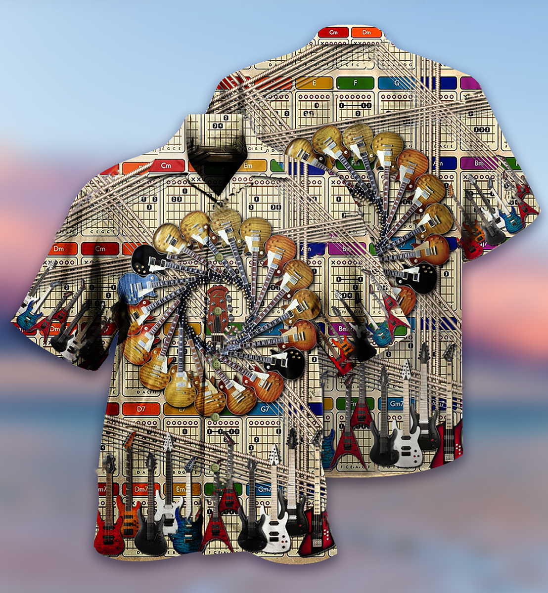 Electric Guitar Hawaiian Shirt With All Over Print For Summer Travel Coastal Events And Thoughtful Gift Giving