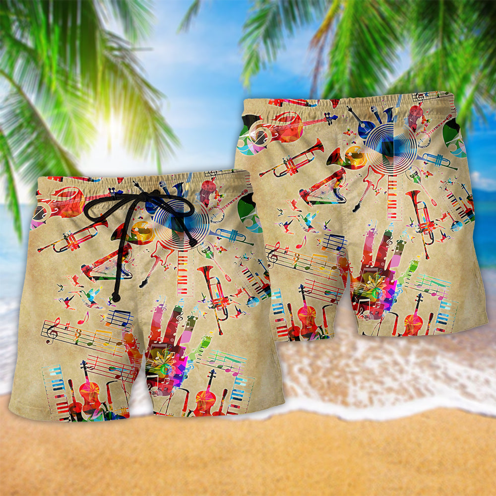 Vintage Music Instrument Beach Shorts Pattern Detail For Vacation Style And Casual Outdoor Comfort