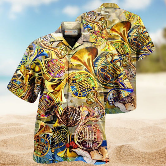 Music Is Life Itself French Horn Hawaiian Shirt For Coastal Vacations Live Music Fans And Everyday Wear