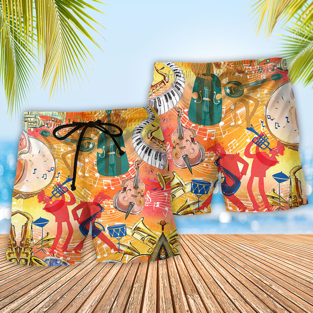 Jazz Music Beach Shorts Pattern Detail For Casual Summer Plans And Vacation Ready Style