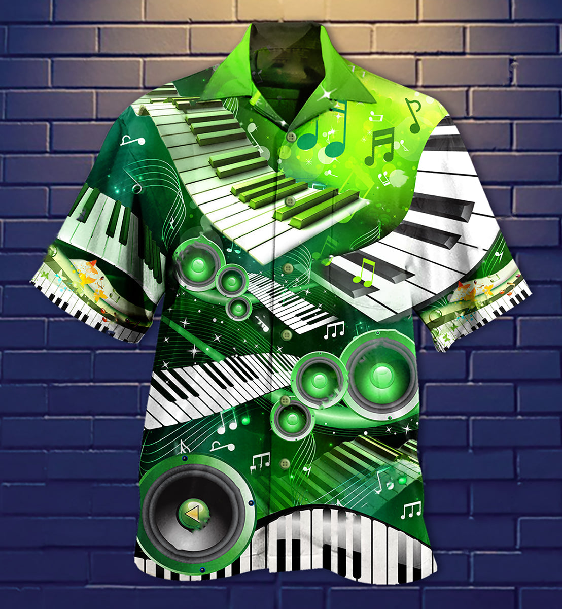 Green Piano Music Hawaiian Shirt Pattern Detail For Summer Holidays And Outdoor Fun