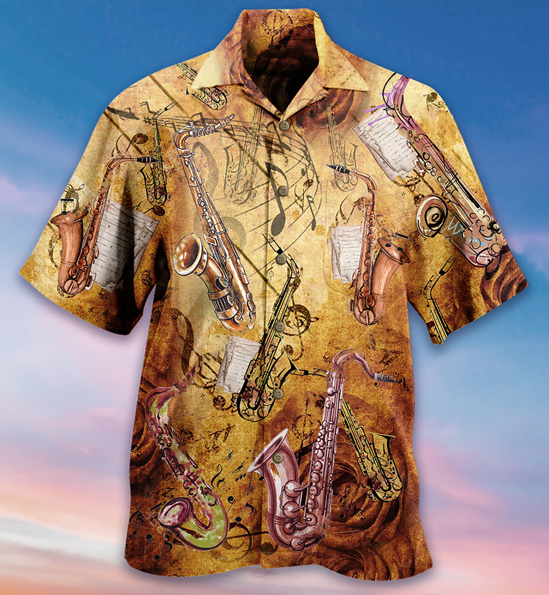 Classic Saxophone Music Hawaiian Shirt Artwork View For Weekend Travel And Beach Style