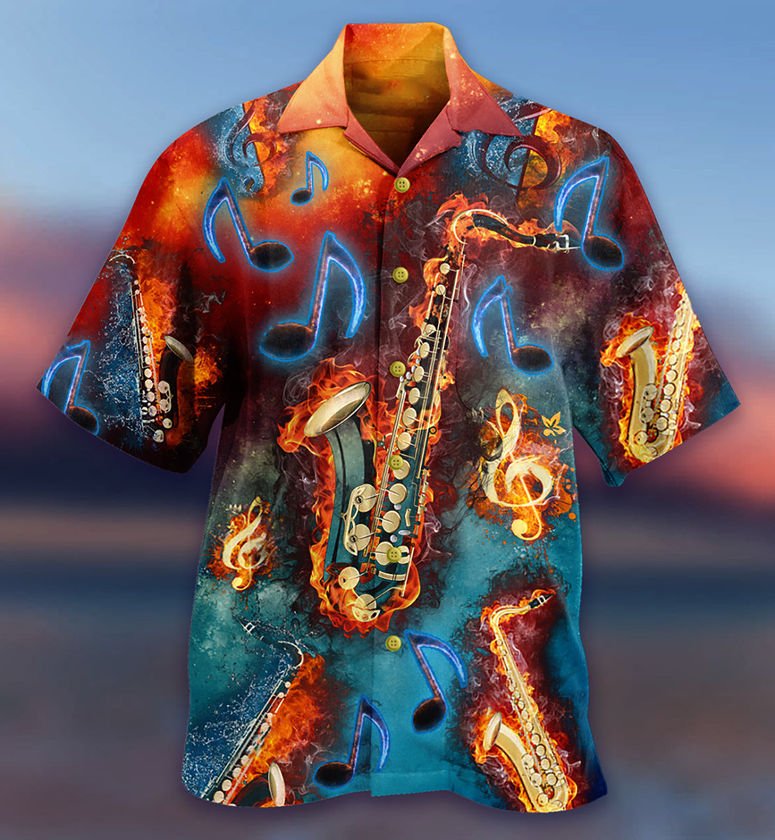Red Black Blue Saxophone Music Hawaiian Shirt Artwork Detail For Tropical Trips And Casual Outings