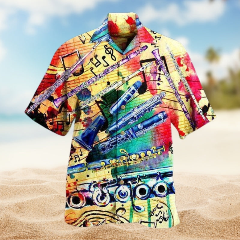Music Style Hawaiian Shirt For Summer Gathering, Resort Holiday, And Weekend Wear
