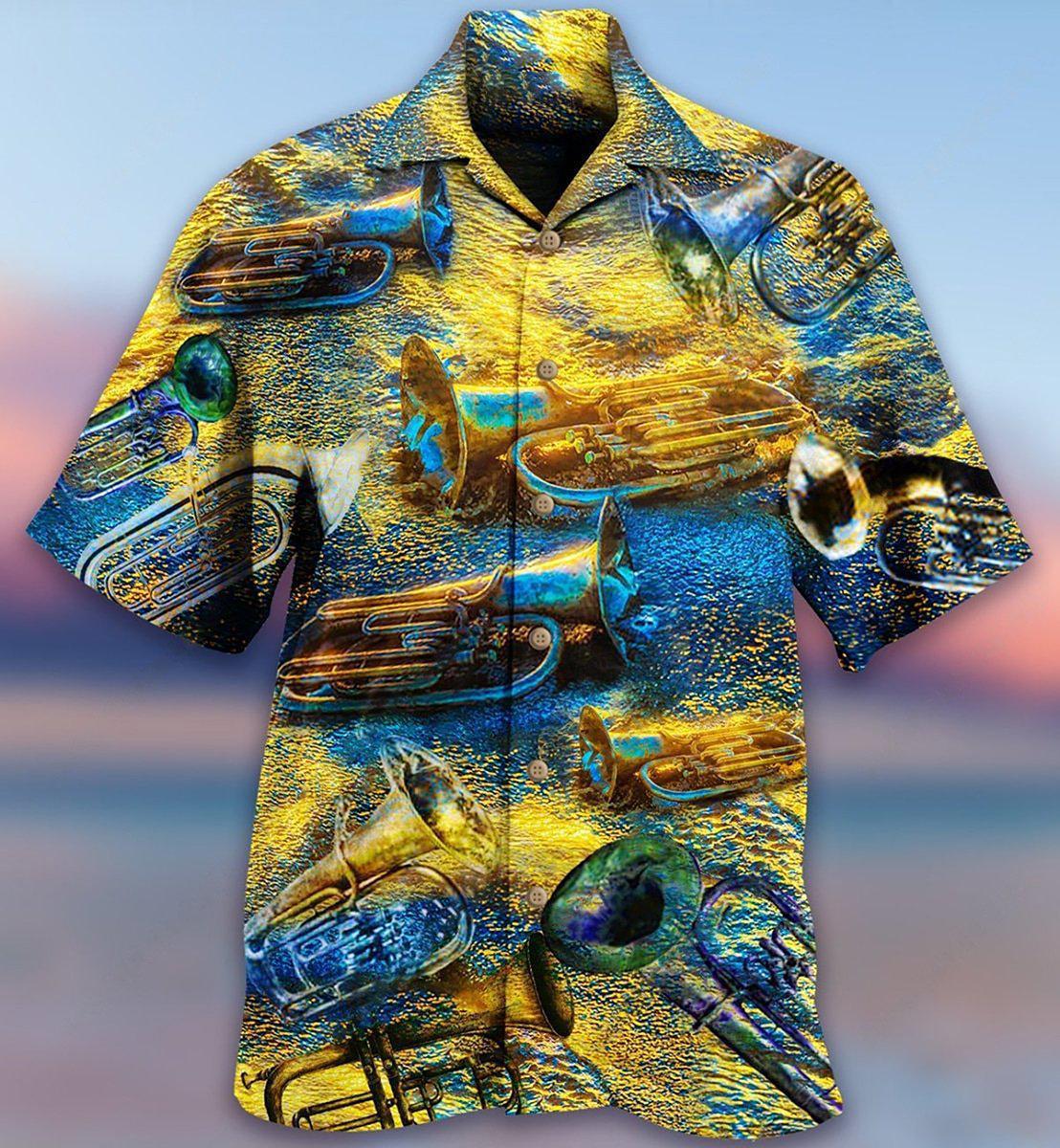 Yellow Saxophone Music Peace Hawaiian Shirt Pattern Detail For Vacation Travel And Daily Wear