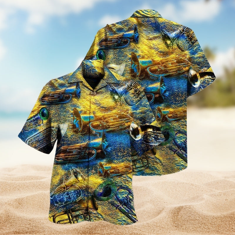 Music Creative Pattern Detailed Graphic Hawaiian Shirt For Creative Performers, Coastal Trips, And Casual Everyday Wear
