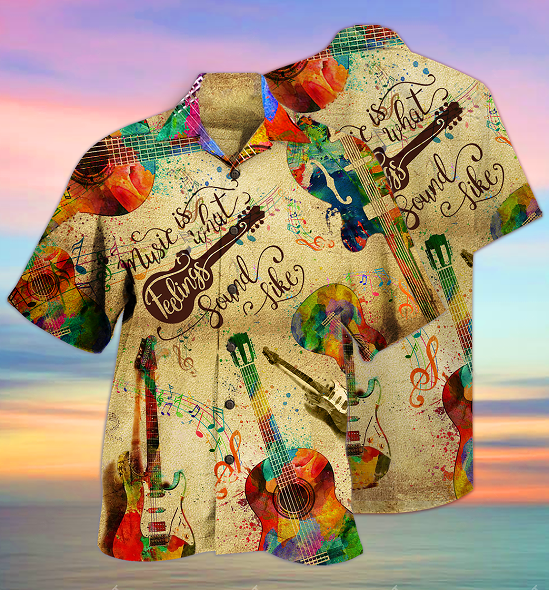Guitar Hawaiian Shirt With All Over Print For Tropical Holiday Resort Parties And Everyday Style