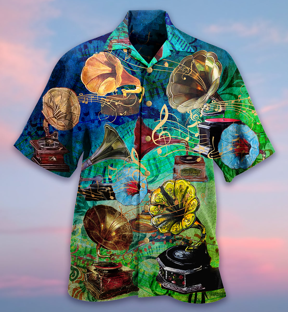 Gramophone Hawaiian Shirt With All Over Print For Summer Travel Coastal Events And Thoughtful Gift Giving