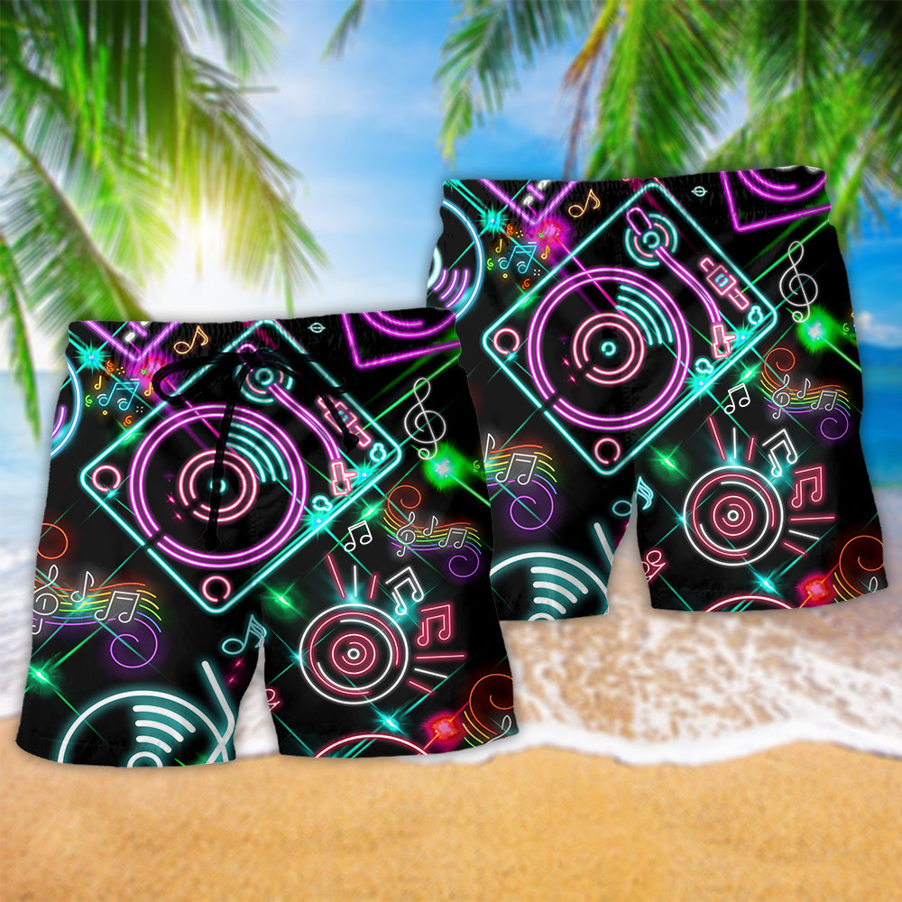 Music Record Player Memory Beach Shorts Pattern Detail For Island Trips And Weekend Casual Style