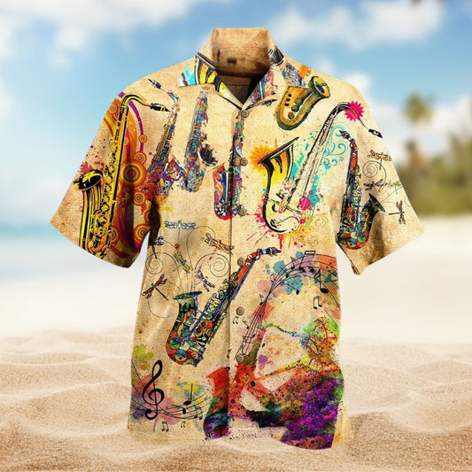 Music Saxophone Hawaiian Shirt For Creative Performers, Coastal Trips, And Casual Everyday Wear