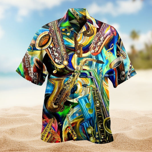 Music Saxophone Hawaiian Shirt For Festival Travel, Beach Gatherings, And Relaxed Summer Style