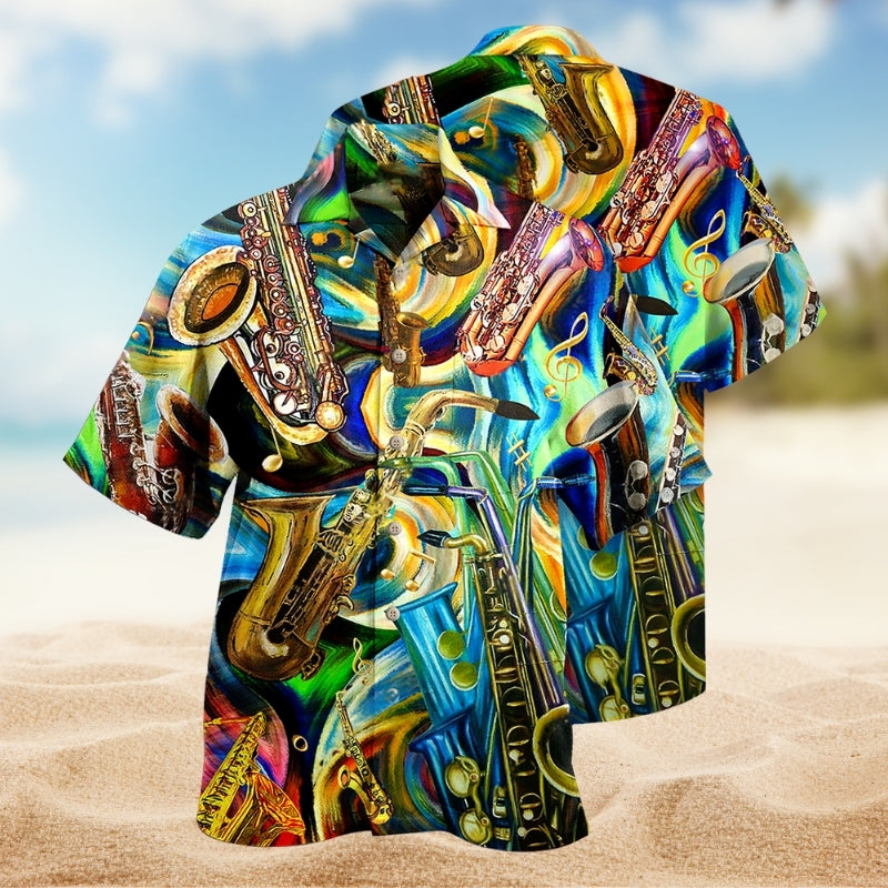 Music Saxophone Hawaiian Shirt For Festival Travel, Beach Gatherings, And Relaxed Summer Style