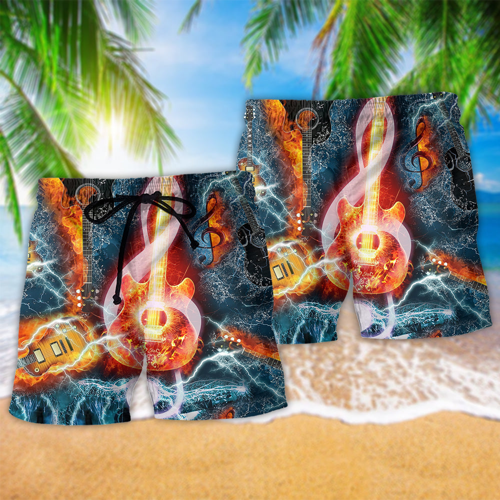 Guitar And Water Blue Music Beach Shorts Artwork Detail For Casual Warm Weather Outfits