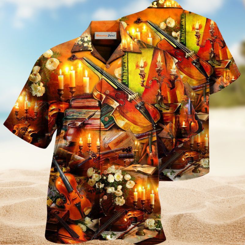 Music Violin Candle Light Hawaiian Shirt For Festival Travel, Beach Gatherings, And Relaxed Summer Style