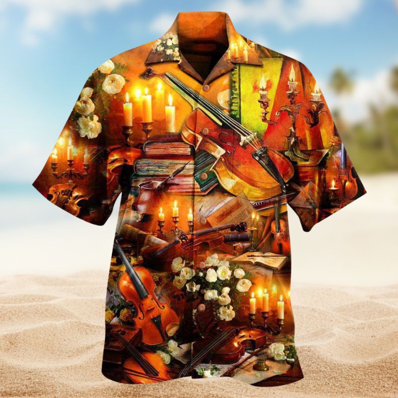 Music Violin Candle Light Hawaiian Shirt For Festival Travel, Beach Gatherings, And Relaxed Summer Style