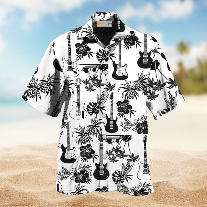 Music With Electric Guitar Hawaiian Shirt For Music Lovers Resort Travel And Casual Warm Weather Wear