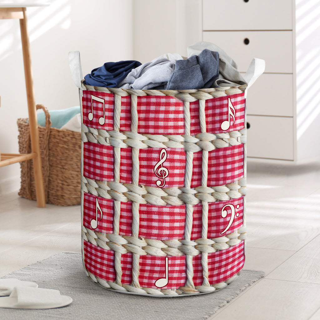 Music Embroidery Rattan Pink Laundry Basket For Room Home Organizer