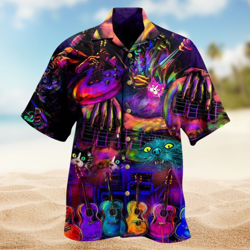 Music My Cats And I Play Guitars Hawaiian Shirt For Coastal Vacations Live Music Fans And Everyday Wear