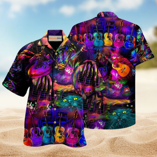 Music My Cats And I Play Guitars Hawaiian Shirt For Coastal Vacations Live Music Fans And Everyday Wear