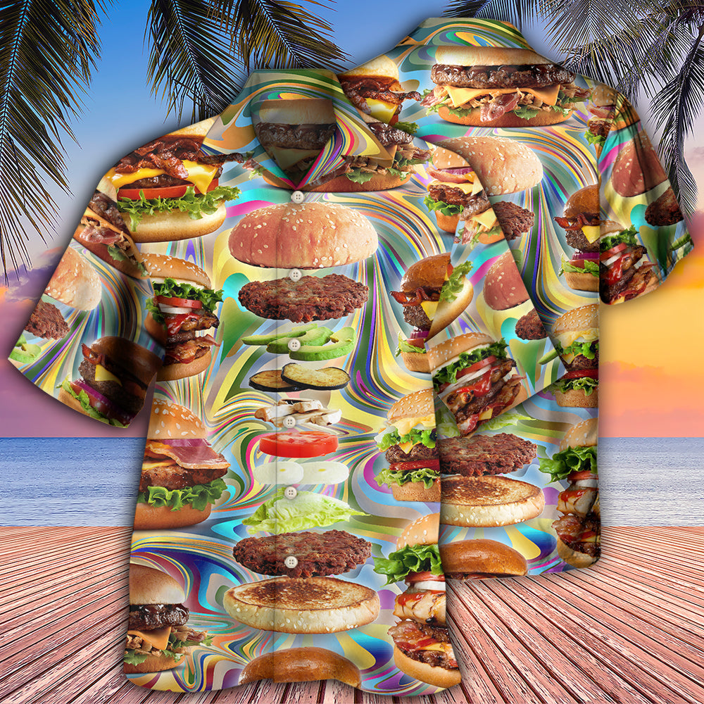 Dessert And Hamburger Hawaiian Shirt With Detailed Graphic For Beach Parties Vacation Travel And Relaxed Casual Style