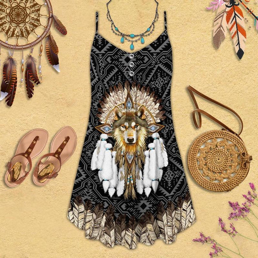 Native Wolf Loves Dreamcatcher Limited – Women's Summer Sleeveless V-Neck Camisole Dress