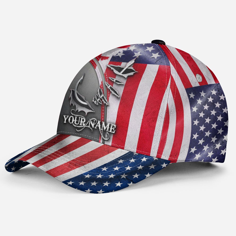 Custom Fishing Hook American Flag Personalized Name Classic Cap For Festivals Holidays And Comfortable Everyday Wear