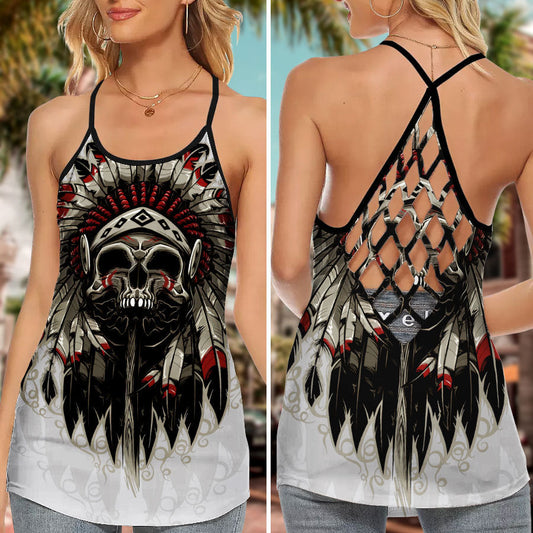 Native America Skull Feathers Hollow Tank Top For Workouts Festivals And Bold Style