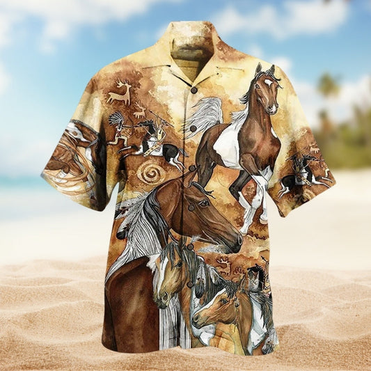 Native Horses Hawaiian Shirt For Summer Vacation, Beach Travel, And Casual Wear