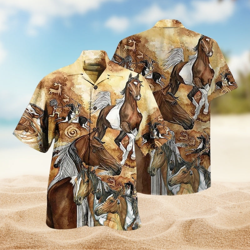 Native Horses Hawaiian Shirt For Summer Vacation, Beach Travel, And Casual Wear