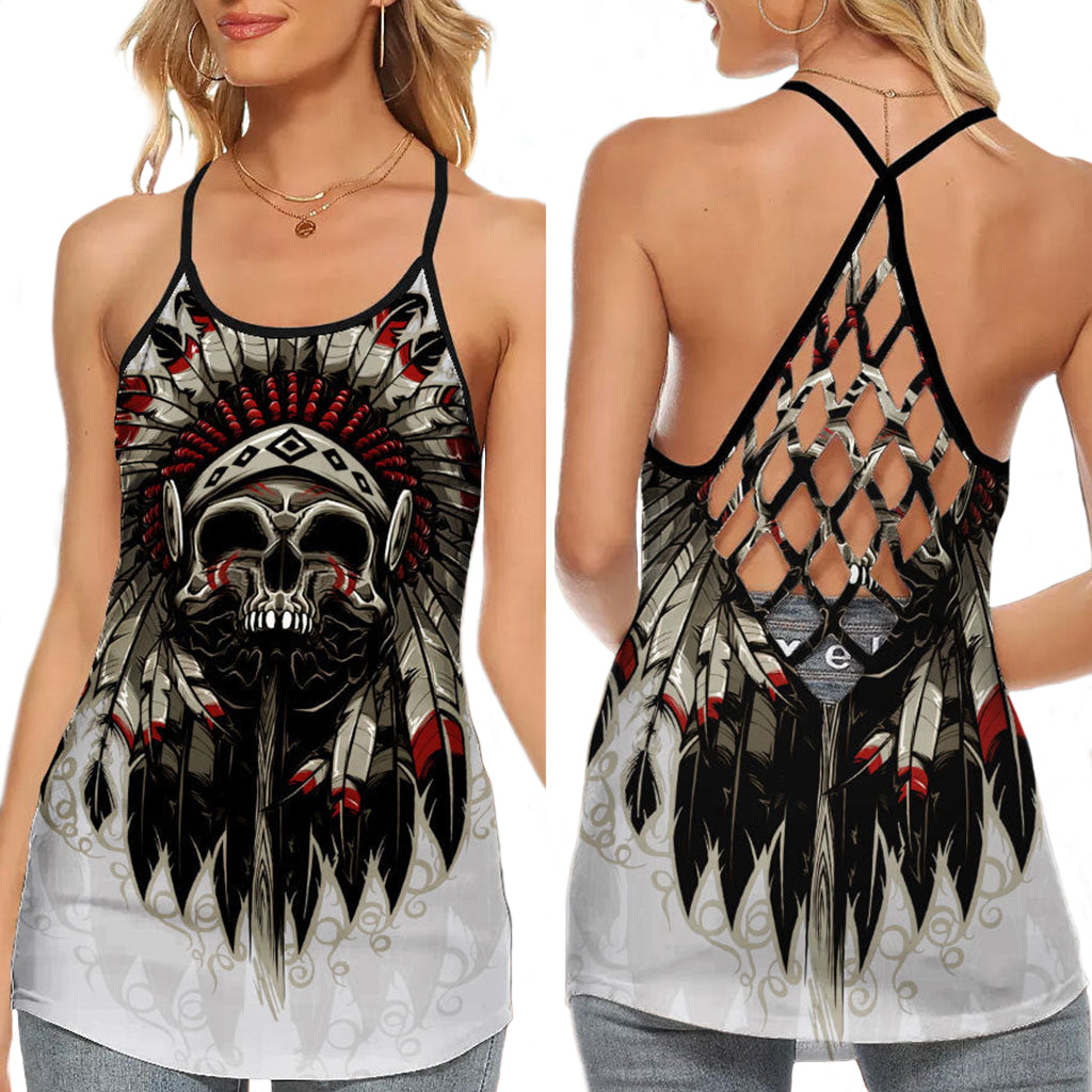 Native American Skull Feathers Tribal Spirit Art Hollow Tank Top For Workouts Festivals And Bold Style