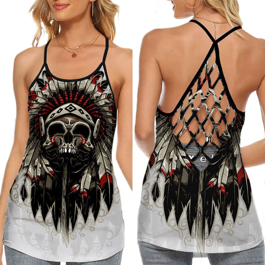 Native American Skull Feathers Tribal Spirit Art Hollow Tank Top For Workouts Festivals And Bold Style