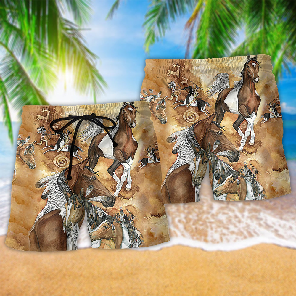 Native American Horse Traditional Hawaiian Print Beach Shorts For American Pride Beach Days
