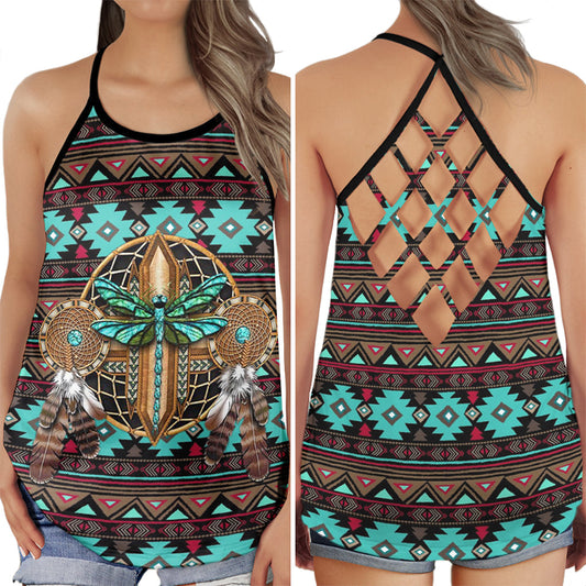 Native Inspired Peace Artistic Pattern Hollow Tank Top For Yoga Workouts And Festival Wear