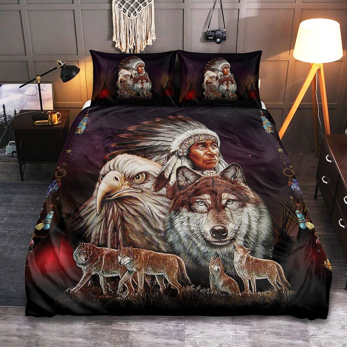 Native American Peace Wolf And Eagle Bedding Cover For Nature Bedroom Decor