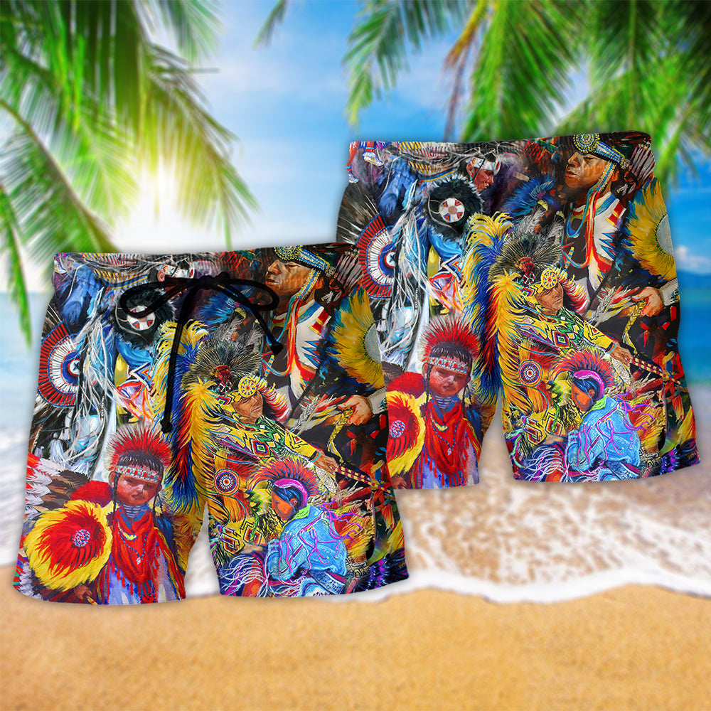 Native Pow Wow Dance Colorful Beach Shorts Pattern Detail For Sunny Outdoor Activities