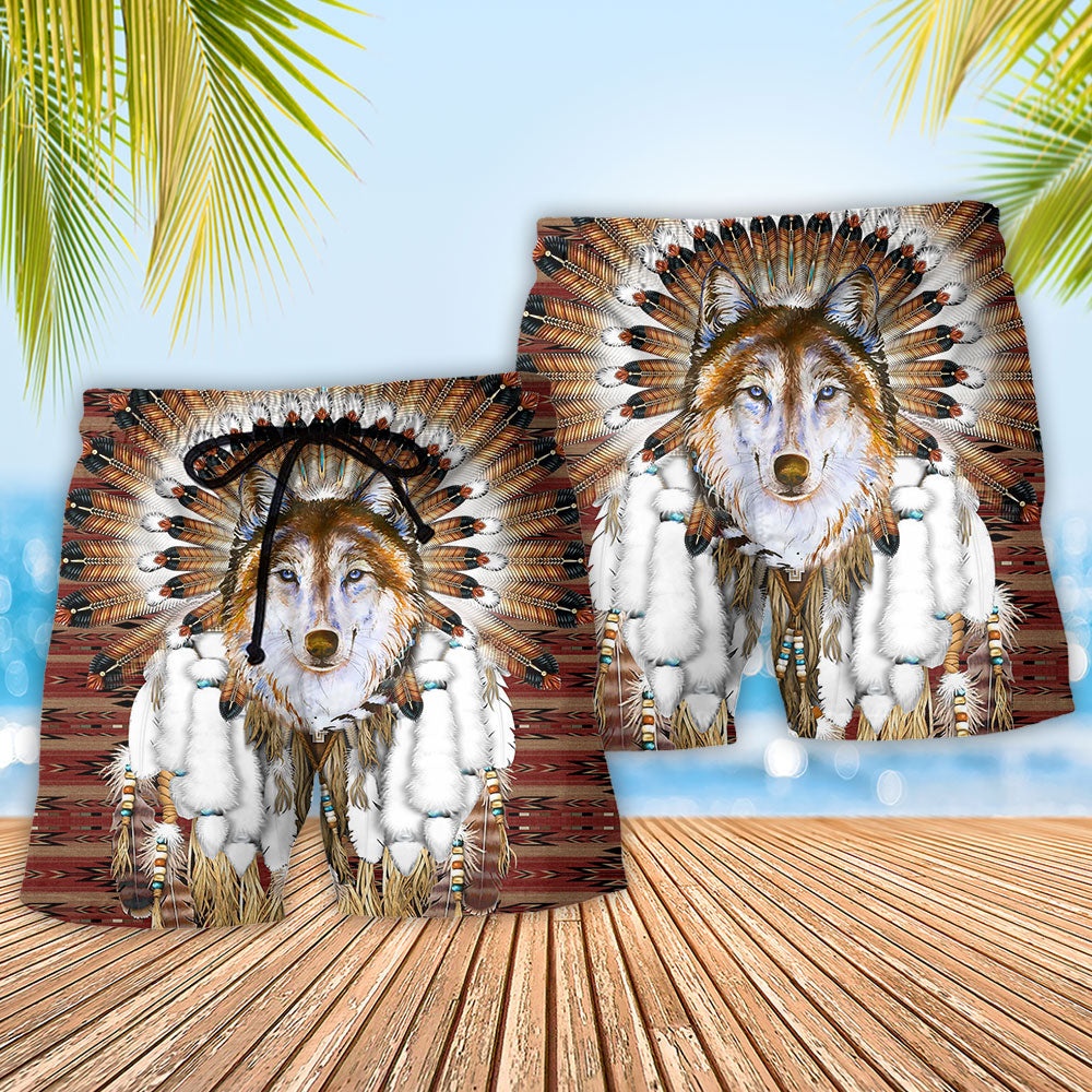 Southwestern Wolf Feather Headdress Beach Shorts Pattern Detail For Weekend Travel And Warm Weather Wardrobe
