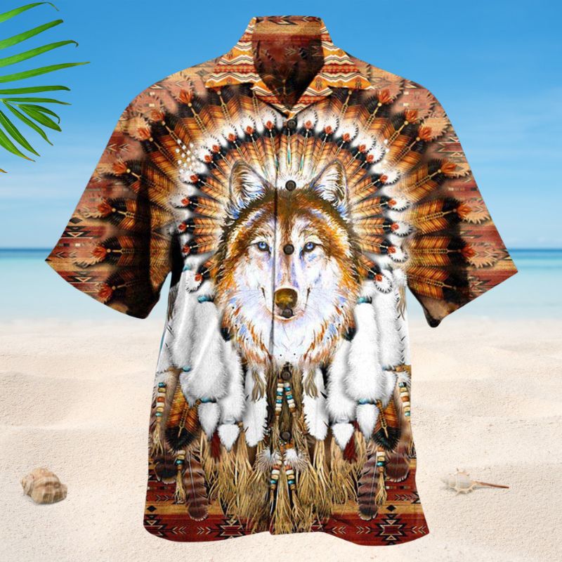 American Native Wolf Feather Hawaiian Shirt For Patriotic Events, Summer Travel, And Casual Outdoor Wear